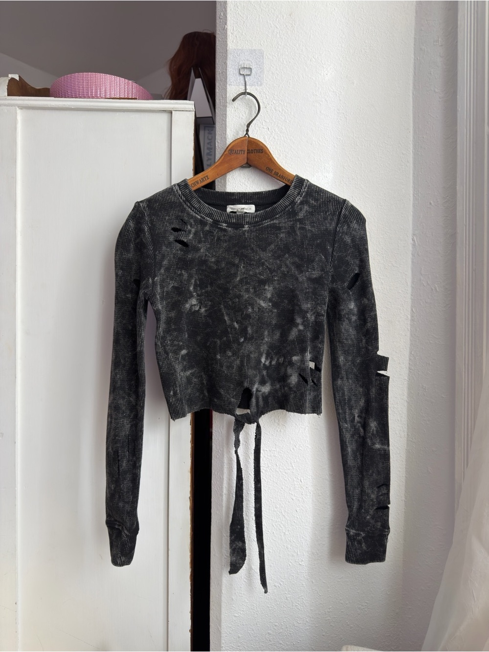Washed Black Distressed Tie-Waist Crop Top